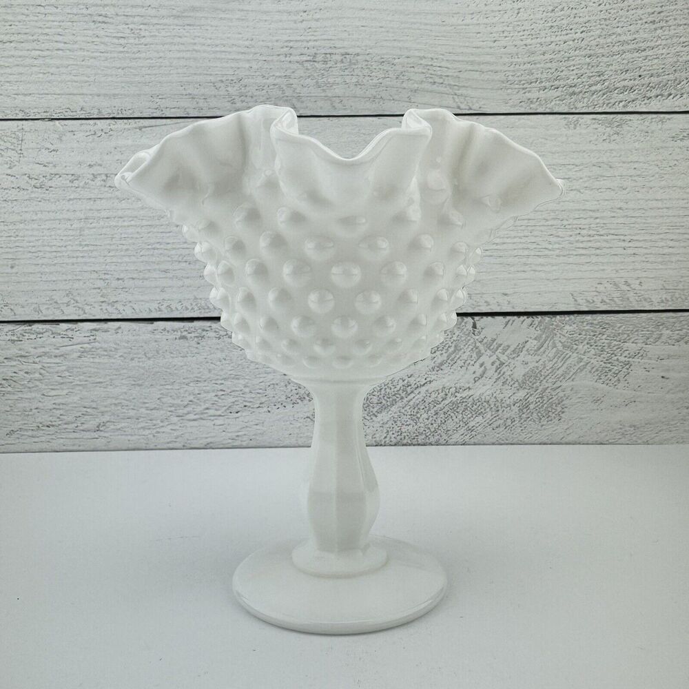 VTG Fenton White Milk Glass Fluted Hobnail Pedestal Ruffled Edge Bowl Compote